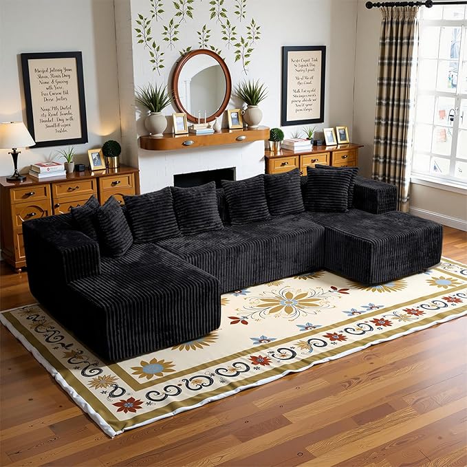 132''U-Shape Modular Sectional Couch Sofa Boneless Compressed Corduroy Modern Sleeper Space-Efficient Convertible Design 3 Packages Shipping