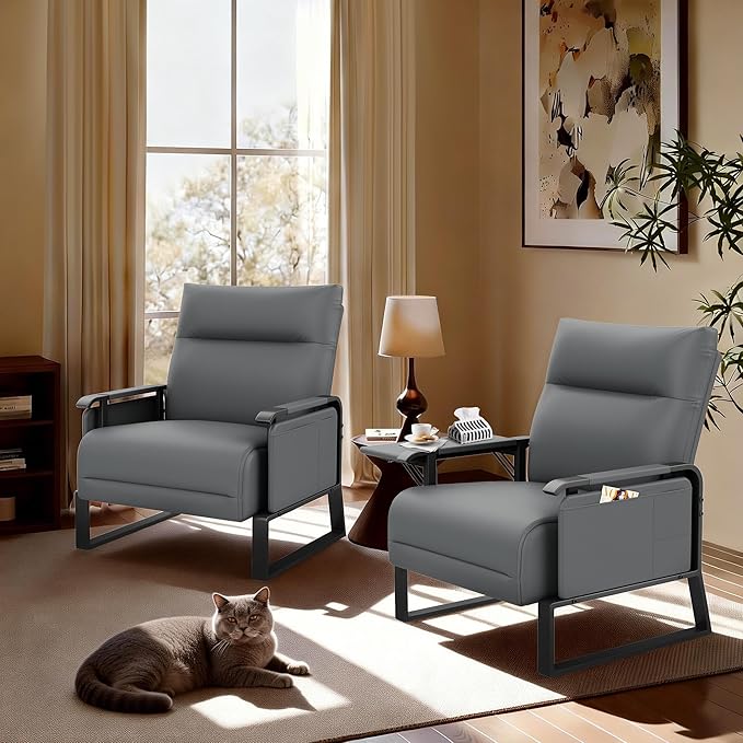 PU Leather Accent Chair with Side Table Living Room Side Chairs Set of 2 Modern Upholstered Armchair Office Club Chairs Grey