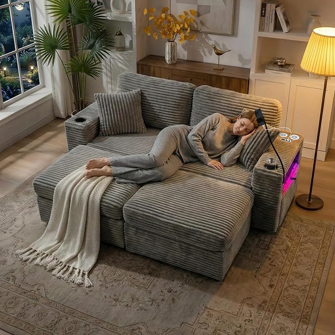 Double Chaise Lounge Chair Indoor Oversized Loveseat with Ottoman Storage USB Charging Cup Holders Phone Stand LED Corduroy Couch (Grey)