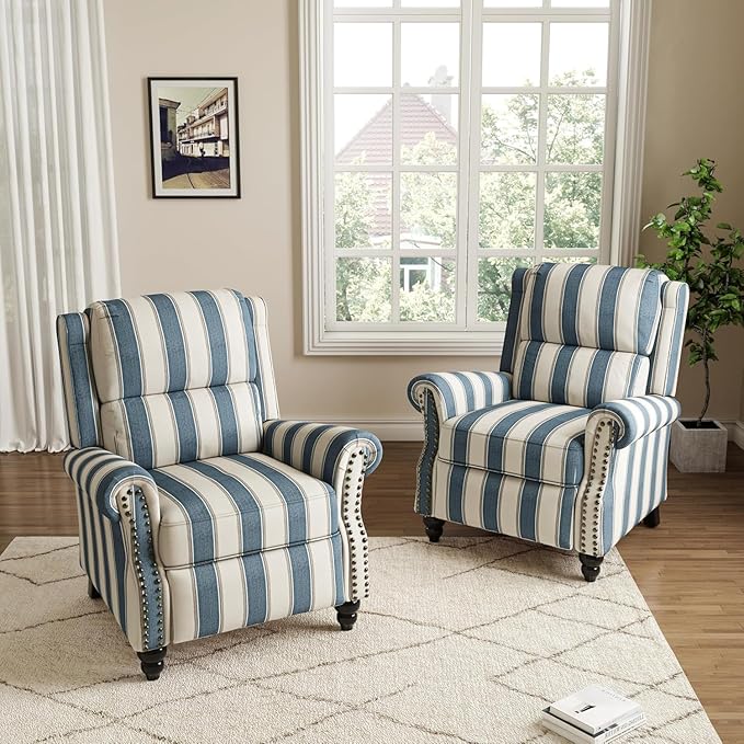Wingback Recliner Chairs Set of 2 Upholstered Pushback Recliner Chair Comfy Fabric Armchair Push Back Recliner with Wood Legs Rivet Trim Accent Chair for Living Room Bedroom Navy Stripe