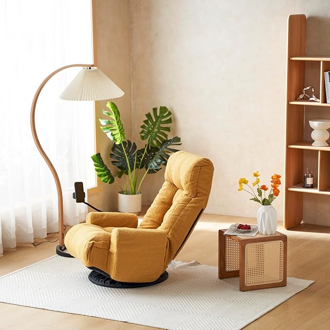 Gwen Upholstered 360° Swivel Chair Lounge Chair with Adjustable Backrest/Headrest Metal Frame Living Room Lounge Sofa and Phone Holder Comfy Bean Bag Chair Yellow