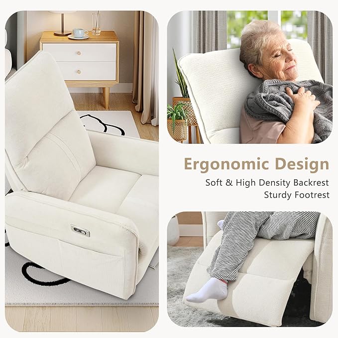 cinkehome Power Swivel Rocker Recliner with USB Overstuffed Electric Reclining Chair Snowflake Fleece Rocker Recliner for Nursery Living Room