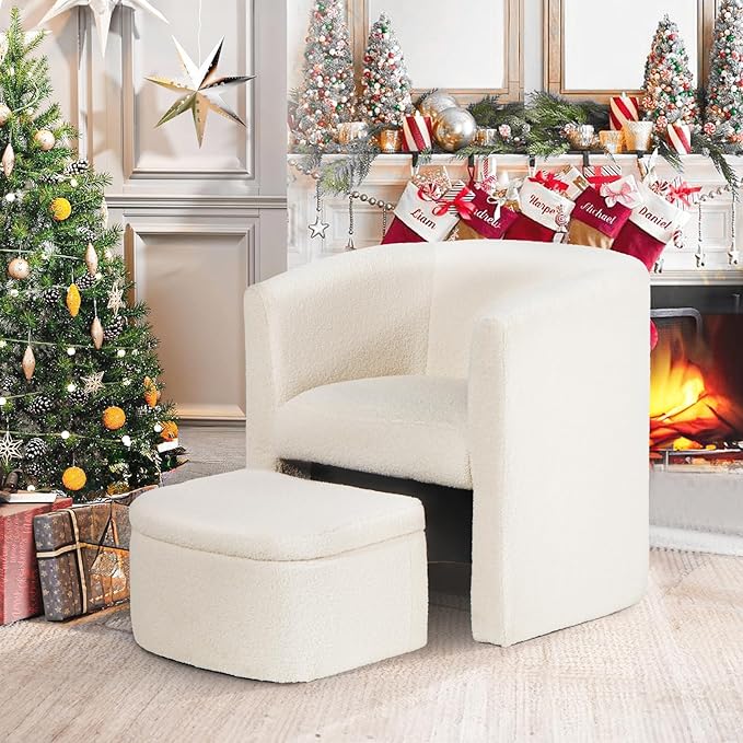 COLAMY Upholstered Sherpa Barrel Accent Chair with Storage Ottoman Morden Living Room Side Chair Single Sofa Armchair with Lounge Seat for Bedroom/Office/Reading Spaces Cream