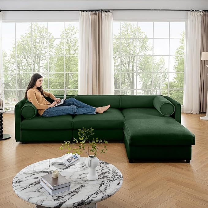 109 inch Cloud Modular 3 Seater Sofa with Storage Ottoman Modern Upholstered Storage Sofa Couch Deep Seat L Shape Sectional Sofa Chenille Comfy Couch for Living Room Apartment Green