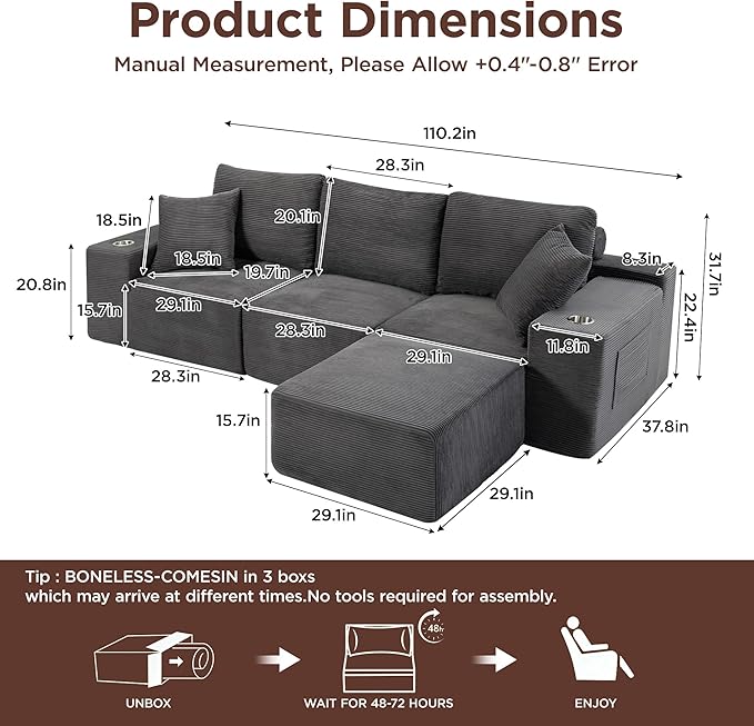 110Modular Sectional Sofa CouchesConvertible L-Shape Cloud Couch 3 Seat Oversized Chaise with OttomanCompressed FoamComfy BonelessSide PocketsCup Holders for Living RoomApartmentCorduroy Grey