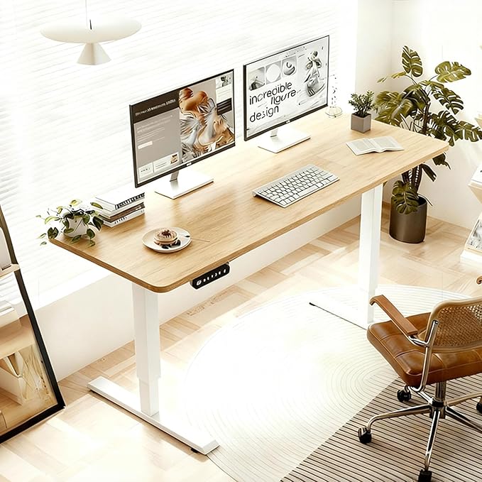Anwick 2026 New 55 Electric Standing Desk Office Table &amp Sit Stand Up with Adjustable Height Rising Desks for Home Office USB LED 4 Programmable Memory Buttons (Oak+1)