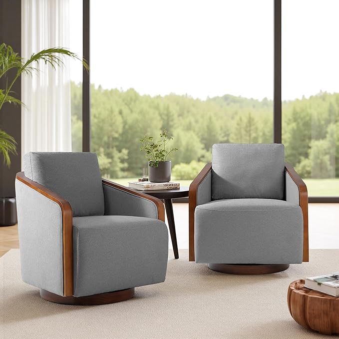 Swivel Barrel Accent Chair Mid Century Modern Arm Chair for Living Room Bedroom Comfy Club Reading Lounge Sofa Corner Chairs for Adults(Chenille Light Grey Set of 2)