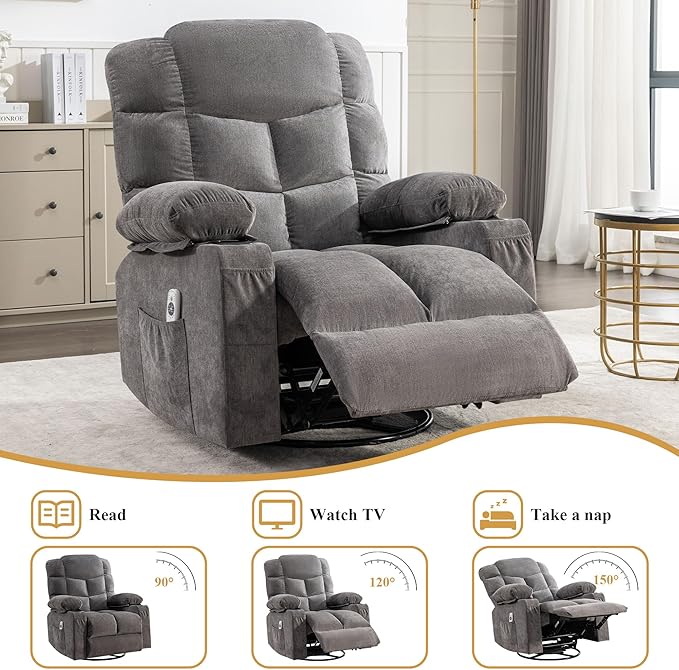 Oversized Massage Swivel Recliner Chair with Lumbar Heating for Living Room Rocker Recliner Single Sofa with Cup Holders and USB Charge Port Large Big Chair Recliners for Adult