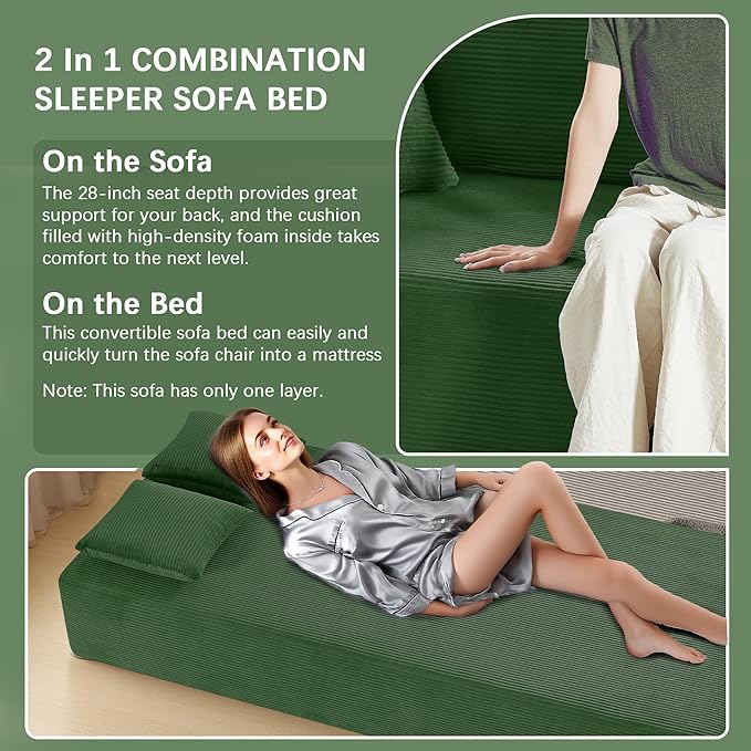 83 Modern Sofa in a Box No Assembly Oversized 3 Seater 28 Deep Seat Cloud Sofa Bed Couch with 4 Furry Pillows &amp Corduroy Fabric Boneless Couch with Side Storage Pockets for Living Room Green