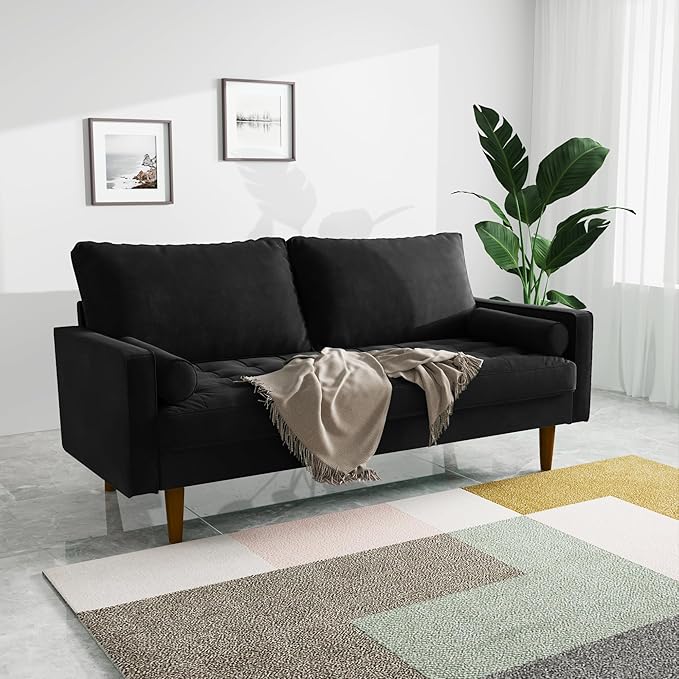 Loveseat Sofa70 Inch Velvet Couch for Living RoomSmall Couch Spring CushionsEasy Assembly Sofa Couches with Throw Pillow for Small Spaces (Black)