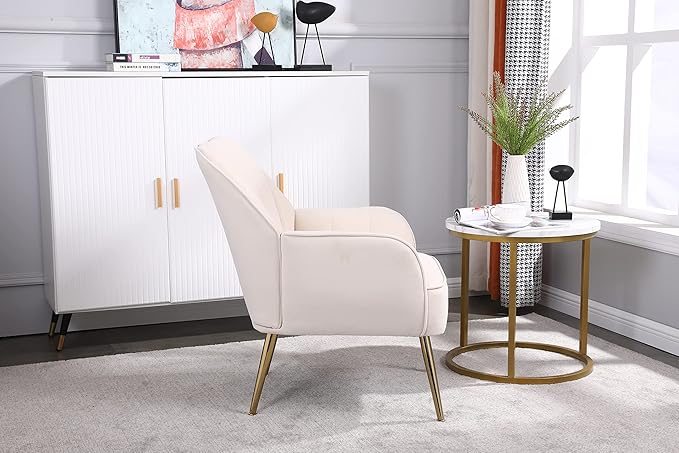 Modern Mid Century Chair Velvet Sherpa Armchair for Living Room Bedroom Office Easy Assemble(Beige) IQ367