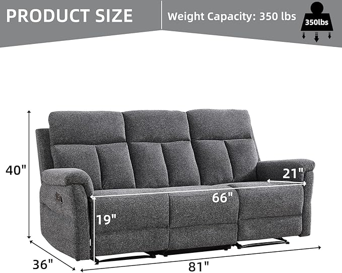 Manual Reclining Sofa 3 Seat Soft Fabric Recliner Couch for Adults with Overstuffed Arms and Back Sofa Recliner for Living Room (Dark Gray)
