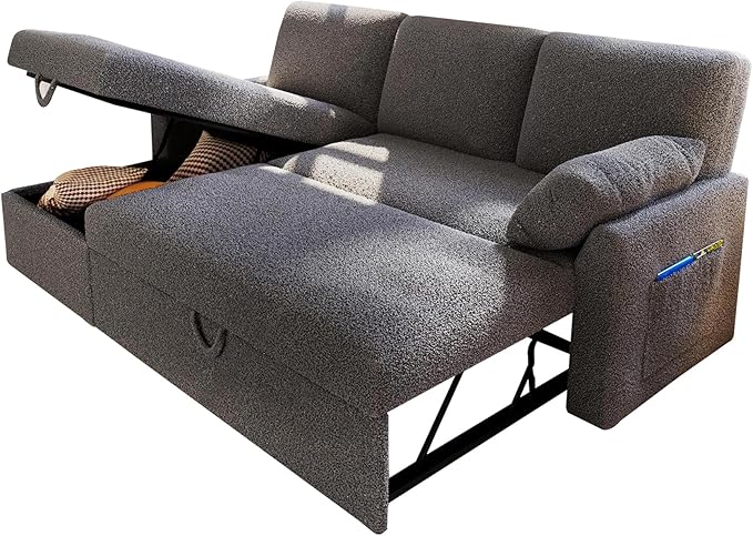 PaPaJet Sofa Bed Sleeper Sofa with Storage Chaise L Shaped Sofa with Pull Out Bed Oversized Sofas for Living Room-Dark Gray Boucle