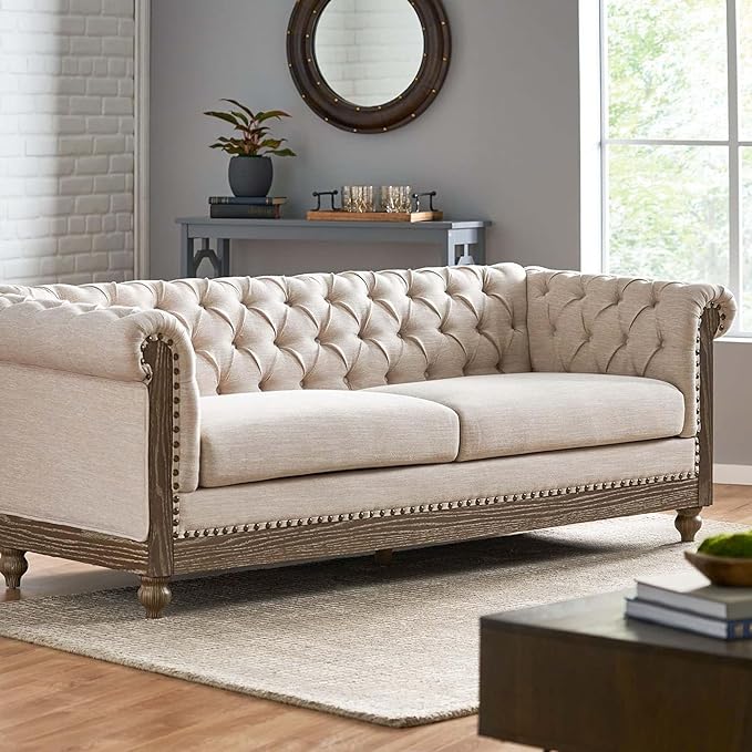 78.75''Chesterfield Sofa Couch Mid Century Modern Tufted Sofa with Rolled Arms and Nailhead 3-Seat Fabric Upholstered Couches with Solid Wood Legs for Living Room Office Beige