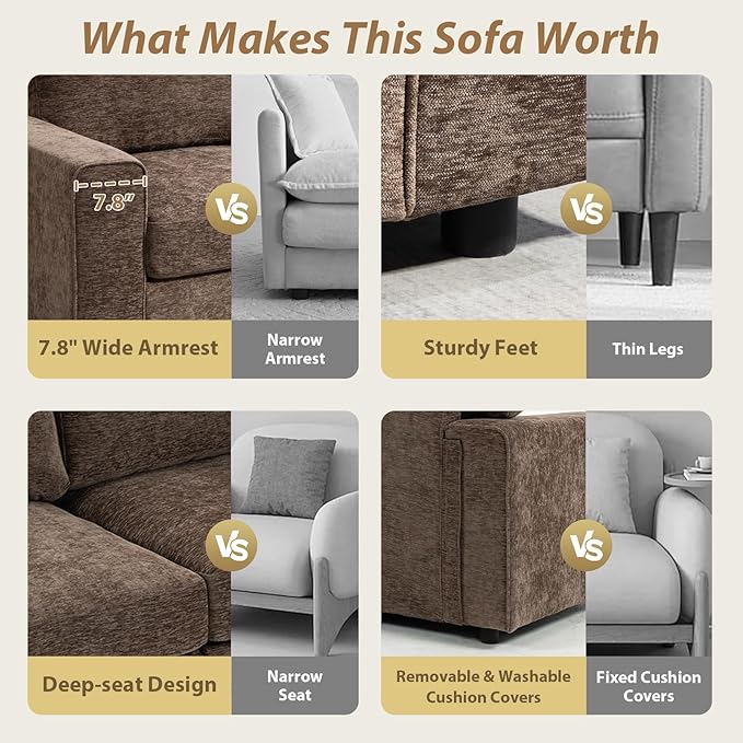 71 Modular Sofa Couch Comfy Chenille Loveseat Sofa Modern Recliner Couch with Deep Seats and Wide Armrests for Living Room(Brown Square backrest)