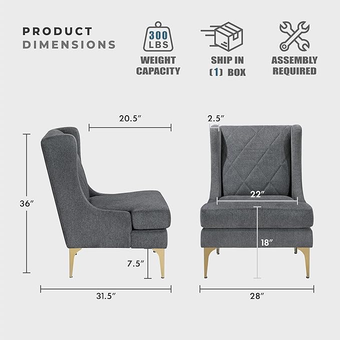 Lexicon Modern Accent Chair Living Room Chenille Upholstered Single Sofa Chair with Gold Metal Legs Wing Back &amp Diamond Stitched Back Armchair for Bedroom/Office/Waiting Room Dark Gray