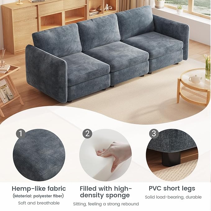 Guyii Small 3 Seats Sofa Apartment Modular Sectional Couch 3 Seater Deep Seat Sofa for Living Room Bedroom Apartment Office
