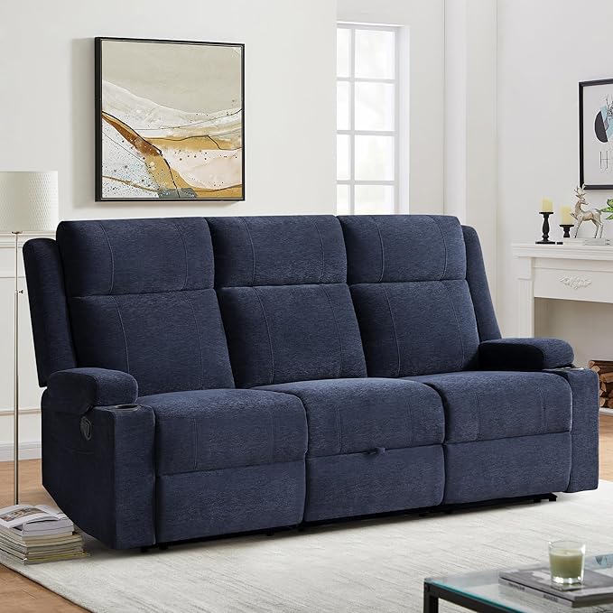 Large Manual Reclining Sofa 3-Seater Chenille Recliner Couch with Cup Holders Wide Seat Easy Assembly &amp Spill-Resistant Fabric Cozy Reclining Sofa for Living Room Apartment RV Blue