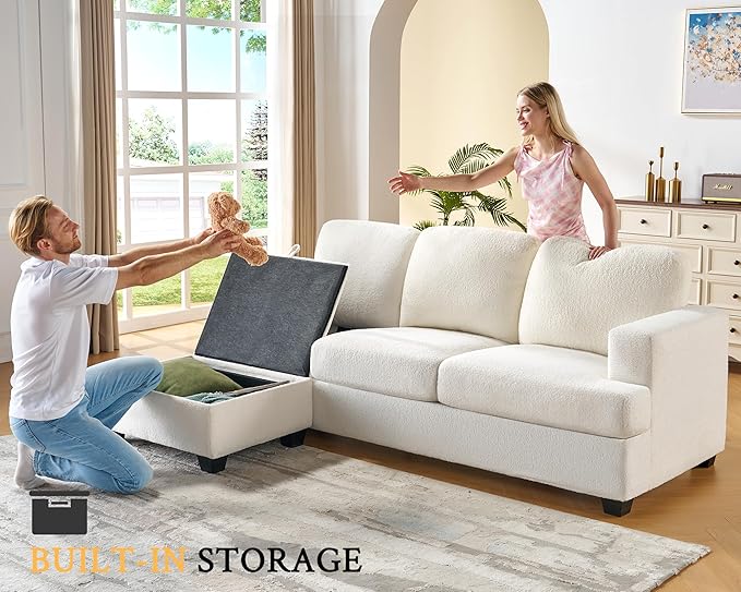 VanAcc 89 Inch L Shape Couch Convertible Sofa with Storage Reversible L Shape Sofa with Chaise Comfy Couches for Living Room Offwhite Bouclé