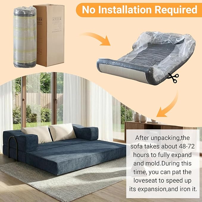 80 Foldable Chenille Futon Sofa Bed 4-in-1 Convertible Couch with 2 Pillows King-Size Floor Lounger for Living Room Guest Room Dorm - No Assembly (Blue 80in)
