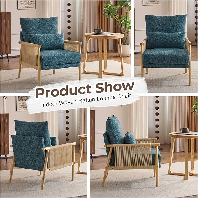 Karl home Cozy Chenille Accent Chair with Lumbar Pillow &amp Rattan Arms Modern Lounge Chair for Living Room Bedroom Reading Nook Blue &amp Green