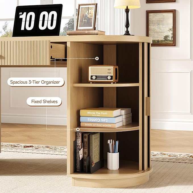 ONBRILL 58 Inch Fluted Executive Desk with Drawers Large Computer Desks with Storage Mid Century Modern Office Desk with Charging Station for Home Office Living Room Bedroom (Oak)