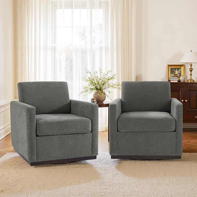 Swivel Accent Chairs Set of 2 360° Swivel Upholstered Club Armchairs for Living Room 31 Wide Square Single Sofa Reading Chair with Deep Seat Metal Swivel Base Chenille Fabric Dark Gray