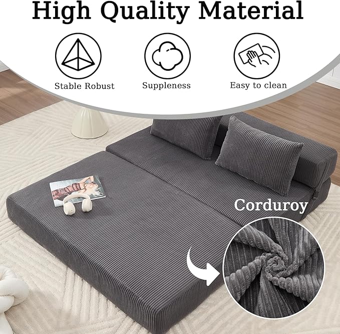55 Convertible Folding Sofa Bed with 2 Pillows Corduroy Foldable Sleeper Sofa for Adult Floor Couch Bed for Living Room Bedroom No Assembly (Grey)