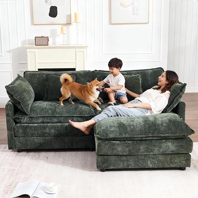 GNIXUU 76.7 Green L Shaped Cloud Couch Modern Chenille Modular 2 Seater Loveseat Sofa with Movable Ottoman Deep Seat Sectional Couch with Pillows for Small Place Living Room Apartment Office