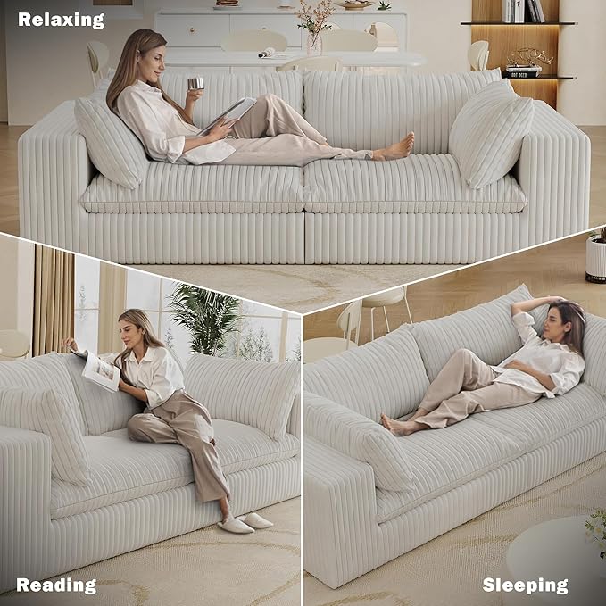78.8 Modular Cloud Loveseat Couch Corduroy Boneless Couch with Foam &amp Removable Cushion Modern Lounge Sofa in a Box No Assembly Required Upholstered Sofa for Living Room (White)