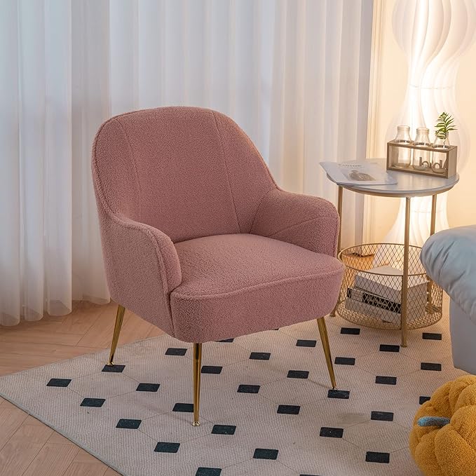 Modern Soft Fabric Pink Ergonomics Accent Chair Living Room Chair Bedroom Chair Home Chair with Gold Legs and Adjustable Legs for Indoor Home