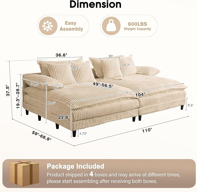 110 W Oversized Double Chaise Lounge Sofa Couch Corduroy Sleeper Sofa Bed with Adjustable Backrest Modern Upholstered Cloud Couch with Deep Seat &amp Pillows for Living Room Khaki