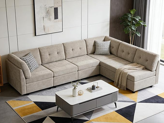 VANOMi 6 Seater Modular Cloud Sofa 118 Convertible Sectional Cloud Sofas &amp Couches for Living Room Comfy Chenille Sectional Couch Sofa for Living Room Apartment Office Camel L/U Shaped