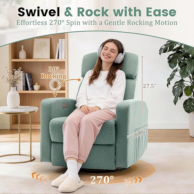 Power Swivel Recliner Chairs for Adults Electric Glider Rocking Chair Nursery Glider Recliner Nursery Chair with Classified Side Pocket Nursery Rocking Chairs with USB and Type-C Ports