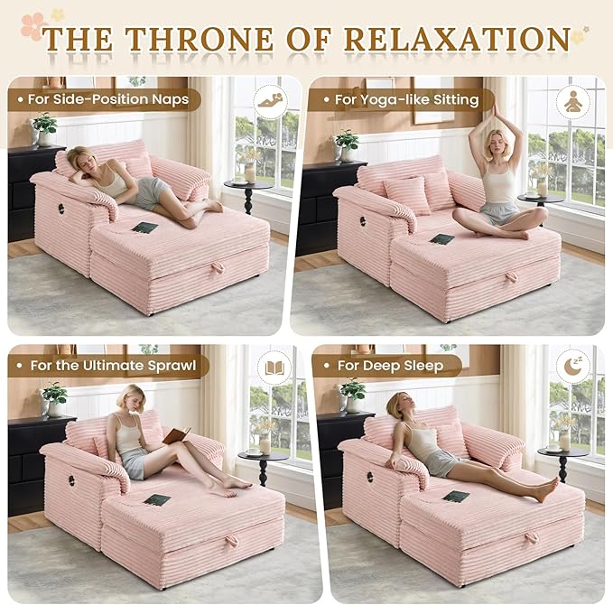 Oversized Chaise Lounge Chair with Storage Ottoman &amp USB Ports Fluffy Corduroy Cloud Couch Sleeper Sofa Bed with Arm Rest Comfy Overstuffed Sofa Chair Set for Living Room Bedroom (Pink)