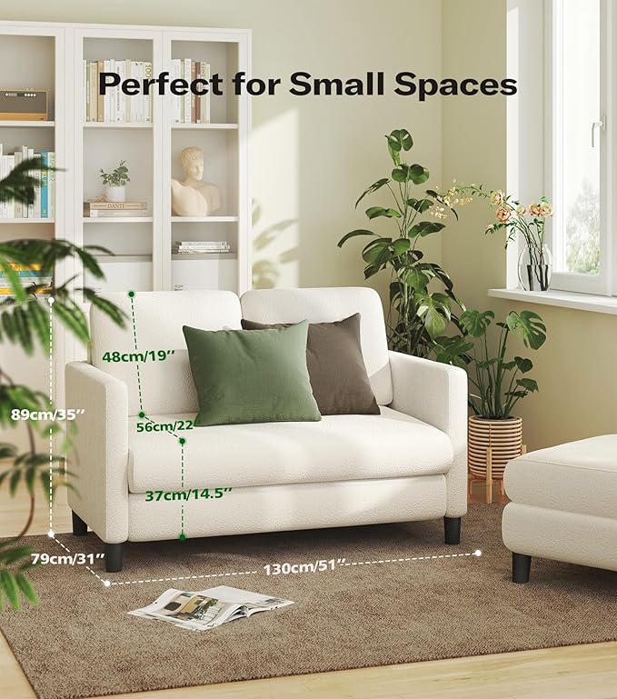 Loveseat Sofa 51 Love Seat Comfy Teddy Small Loveseat for Small Spaces Tool-Free Setup Sofa Couch for Bedroom All-Wood Couches for Living Room No Pillow Included Cream White
