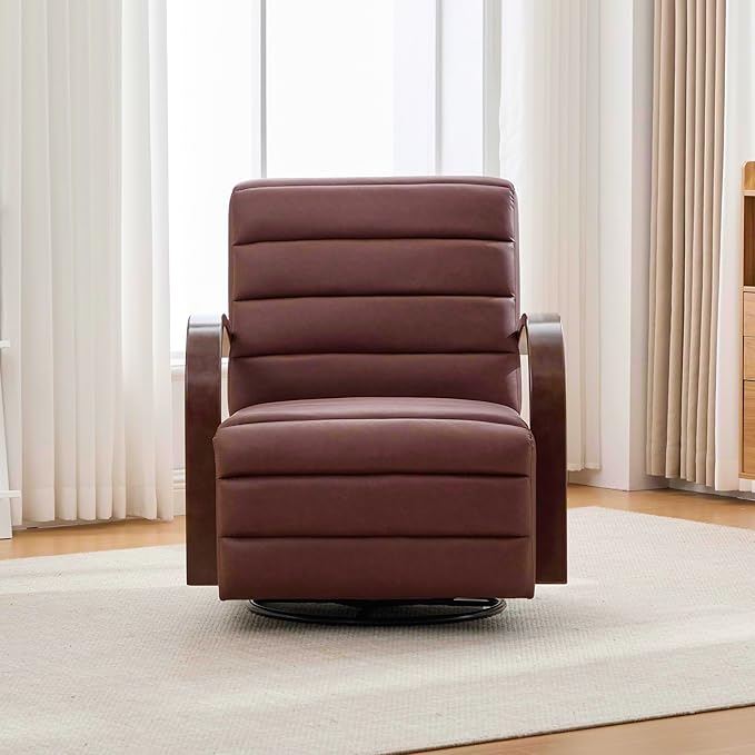 30.3 W Swivel Modern Boucle Upholstered Accent Chair with Solid Wood Armrests Comfy Lounge Reading Chair Side Armchair for Hotel Bedroom Living Room Office Nursery Room (Brown+PU)