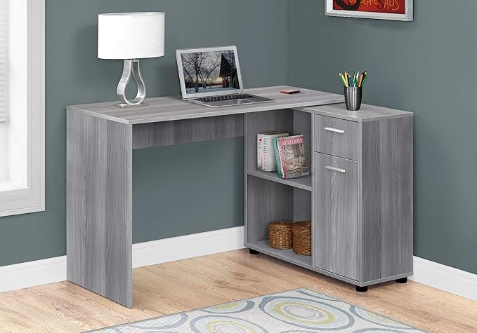 Monarch Specialties Workstation with Storage Shelves and Cabinet for Home &amp Office-Contemporary Style L Shaped Computer Desk 46 L Grey