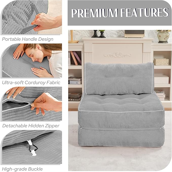 HABUTWAY Folding Sofa Bed Convertible Sleeper Chair Bed w/Dual-Pillow &amp Handle Foldable Floor Sofa Lounge w/Back Support for Living Room Bedroom Apartment Office Single Light Grey