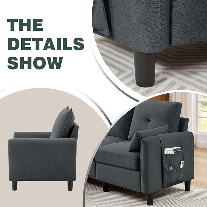 Convertible Sectional Sofa 77 Small L Shaped 3 Seat Couch with Reversible Storage Chaise and Accent Chair Set Modern Polyester Fabric Sofa Couches for Living Room Apartment Dark Grey