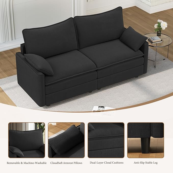 Vesgantti 74 Loveseat Sofa for Living Room Comfy Cloud Couch Deep Seat Chenille Modern 2 Seater Small Sofa with Armrest Pillow Easy Assembly for Small Spaces Black