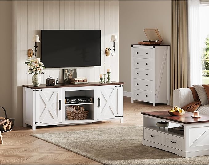 WLIVE Modern Farmhouse TV Stand for TVs up to 65 Entertainment Center with X-Shaped Barn Doors Large Storage Media TV Console with Adjustable Shelves &amp Cable Holes for Living Room White