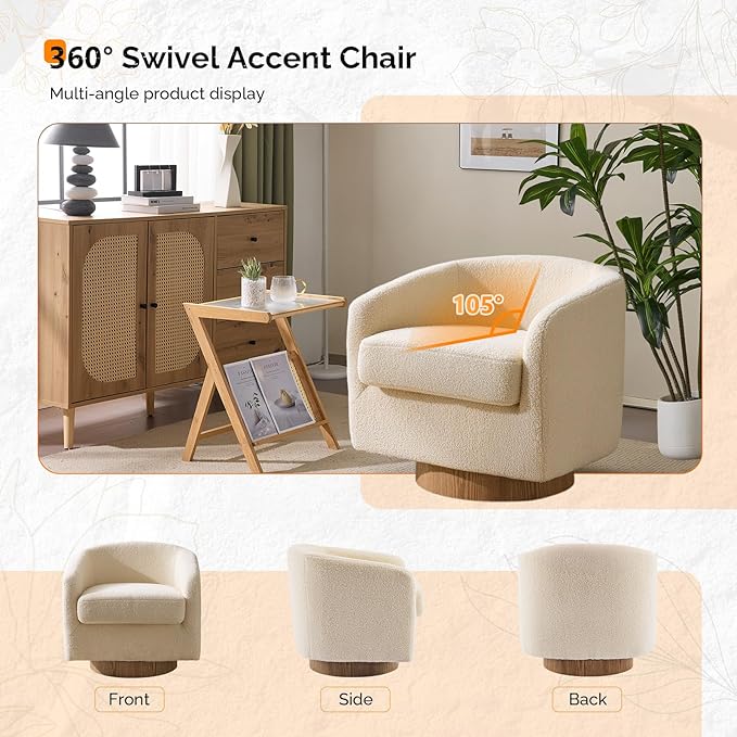 VINGLI 360°Swivel Accent Chair with Engineered Wood Base and Removable Cushion for Living Room Bedroom Curved Back Barrel Chair for Small Space Upholstered Bucket Armchair Teddy Khaki