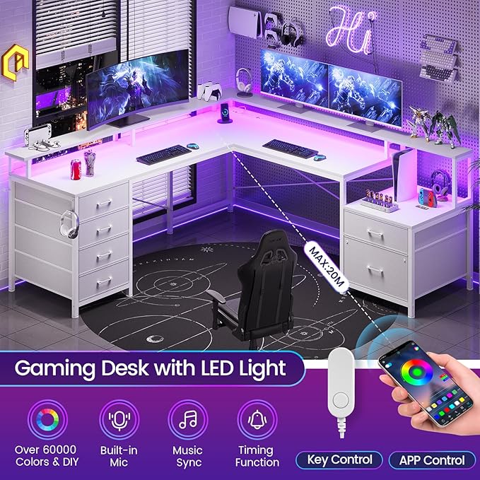 SEDETA L Shaped Desk with 6 Drawer 108 Home Office Desk with File Drawer &amp Power Outlet Corner Computer Desk with Monitor Shelf File Cabinet Two Person Desk Gaming Desk with Led Lights Whit