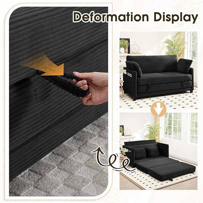 65 Convertible Loveseat Sofa Bed 2-in-1 Folding Sofa Bed with 2 Pillow for Small Spaces Modern Loveseat Sleeper Couch for Apartment Living Room &amp Guest Room (Black Corduroy 65 inch)