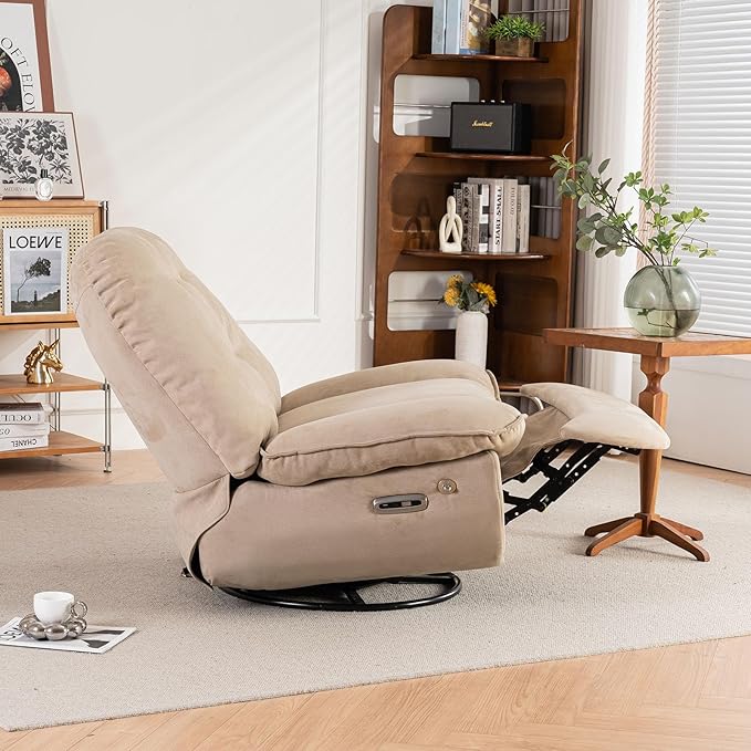 Smart Oversized Electric Recliner Chair 360° Round Swivel Rocking Glider Rocker for Adults Modern Comfy Ergonomic Chaise Lounge Indoor Theater Seating Living Room Chairs Reading Soft Camel Fabric
