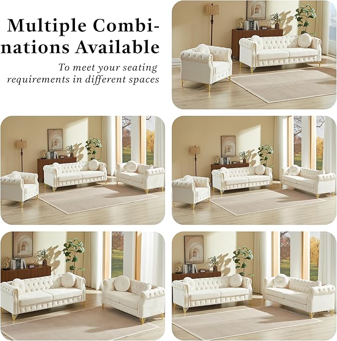2 Pieces Beige Velvet Chesterfield 82 3-Seater Sofa Sets with Two Pillows Featuring Copper Stud Detailing (Beige 2 Pieces 82 3-Seater Sofa Sets)