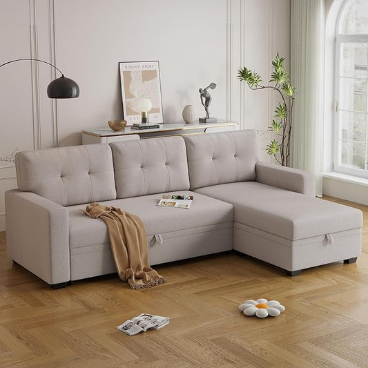 82 Convertible Sectional Sleeper Sofa with Storage Chaise L Shaped Pull Out Couch Bed with 3 Tufted Back Cushion for Living Room ApartmentOfficeBeige