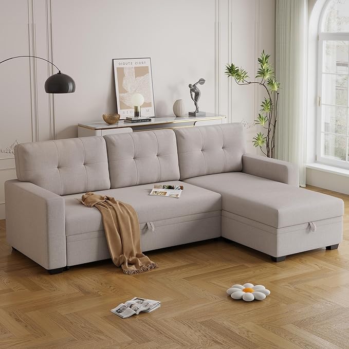Ball &amp Cast Convertible Sectional Sleeper Sofa Bed L Shaped 4 in 1 Pull Out Couch with Reversible Storage Chaise &amp Removable Back CushionsSleeper Corner Pull Out Sofa Bed Couch for Living Roo