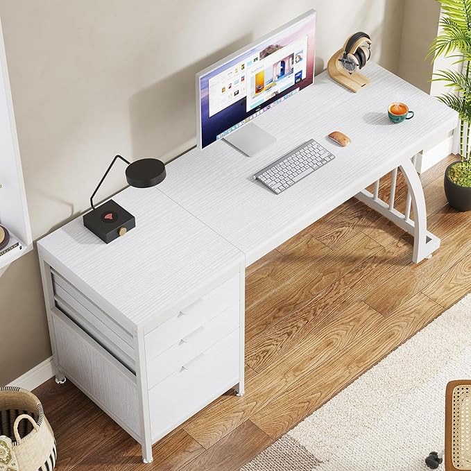 Tribesigns Computer Desk with 3 Drawers 59-Inch PC Desk with Reversible Drawers Industrial Study Writing Table Workstation with File Storage for Home Office White